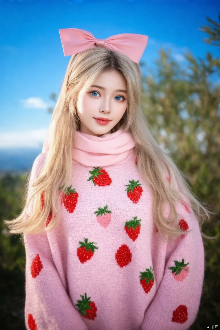 (asian girl,long blonde hair,blue eyes,pink bow on head,standing,blue sky,pink sweater,red strawberries on sweater,pink scarf,light pink lips,best quality,4k,8k,highres,masterpiece:1.2,ultra-detailed,realistic,photorealistic,photo-realistic:1.37,HDR,UHD,studio lighting,ultra-fine painting,sharp focus,physically-based rendering,extreme detail description,professional,vivid colors,bokeh,soft lighting,whimsical,serene atmosphere,delicate features,gentle expression,cozy outfit,calm and peaceful scene)