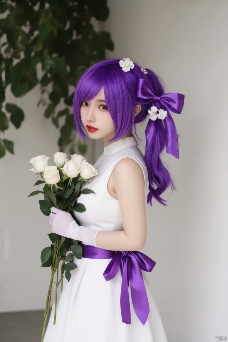 a vibrant purple haired girl stands in front of a stark white backdrop. Her head is adorned with a purple bow, adorned with white flowers, adding a pop of color to the scene. She is dressed in a white dress , a purple belt, and white gloves. Her hair is tied back in a ponytail, cascading down to her shoulders. Her eyes are a piercing black, and her lips are painted a deep red. She holds a bouquet of white roses in her left hand. Her right hand is draped over her right shoulder.