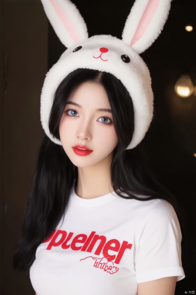 a young Asian woman with long black hair, wearing a white t-shirt with red letters on it, is adorned with a white fluffy bunny hat. Her hair is cascading over her shoulders, adding a touch of warmth to her face. Her eyes are a piercing blue, and her eyebrows are a darker shade of brown. She is wearing a pair of dark brown eyes, her lips are painted a deep red. 