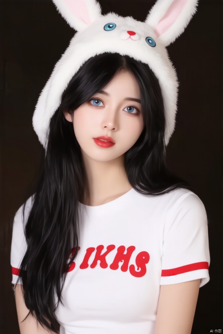 a young Asian woman with long black hair, wearing a white t-shirt with red letters on it, is adorned with a white fluffy bunny hat. Her hair is cascading over her shoulders, adding a touch of warmth to her face. Her eyes are a piercing blue, and her eyebrows are a darker shade of brown. She is wearing a pair of dark brown eyes, her lips are painted a deep red. 