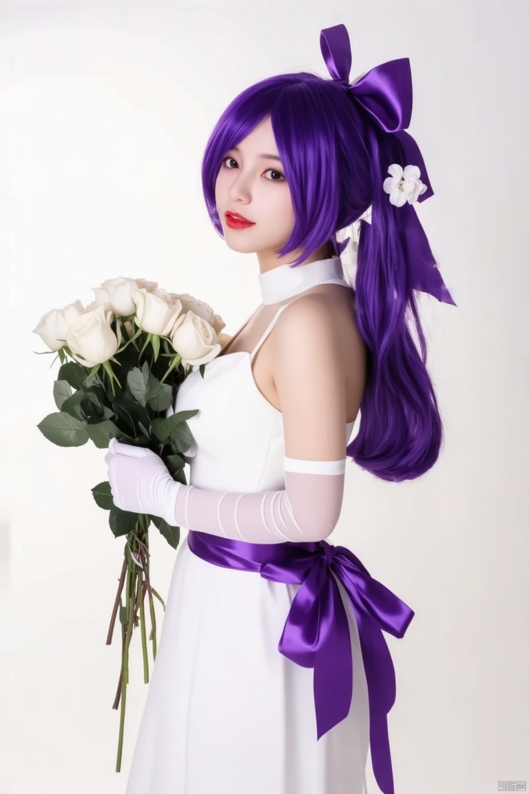 a vibrant purple haired girl stands in front of a stark white backdrop. Her head is adorned with a purple bow, adorned with white flowers, adding a pop of color to the scene. She is dressed in a white dress , a purple belt, and white gloves. Her hair is tied back in a ponytail, cascading down to her shoulders. Her eyes are a piercing black, and her lips are painted a deep red. She holds a bouquet of white roses in her left hand. Her right hand is draped over her right shoulder.