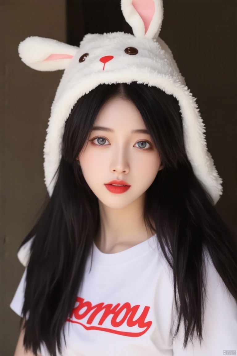 a young Asian woman with long black hair, wearing a white t-shirt with red letters on it, is adorned with a white fluffy bunny hat. Her hair is cascading over her shoulders, adding a touch of warmth to her face. Her eyes are a piercing blue, and her eyebrows are a darker shade of brown. She is wearing a pair of dark brown eyes, her lips are painted a deep red. 