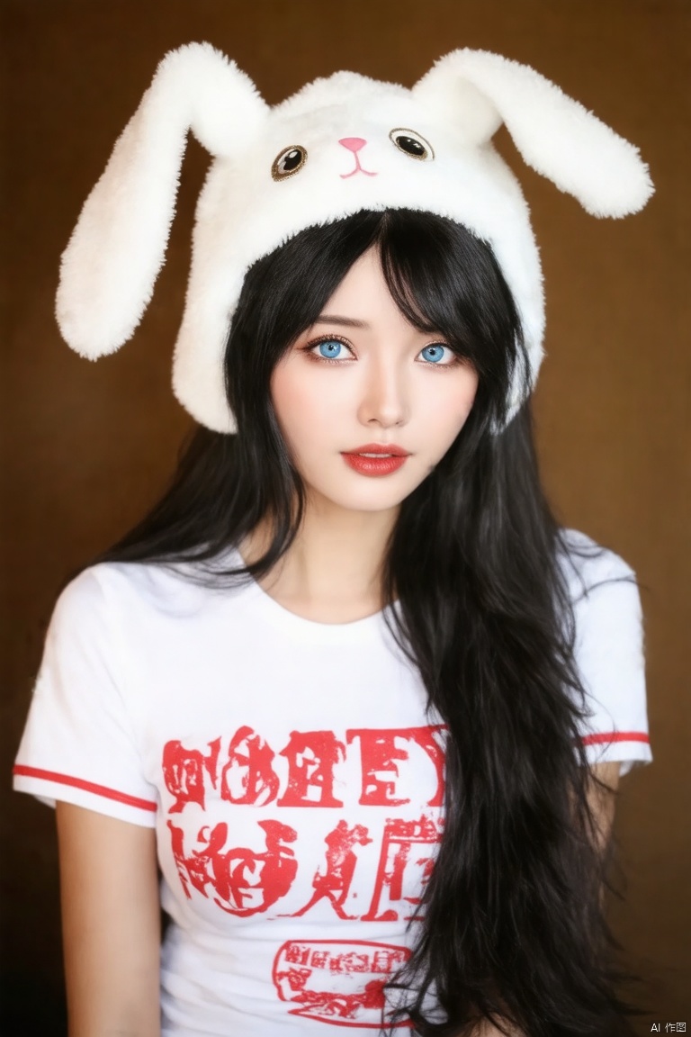 a young Asian woman with long black hair, wearing a white t-shirt with red letters on it, is adorned with a white fluffy bunny hat. Her hair is cascading over her shoulders, adding a touch of warmth to her face. Her eyes are a piercing blue, and her eyebrows are a darker shade of brown. She is wearing a pair of dark brown eyes, her lips are painted a deep red. 