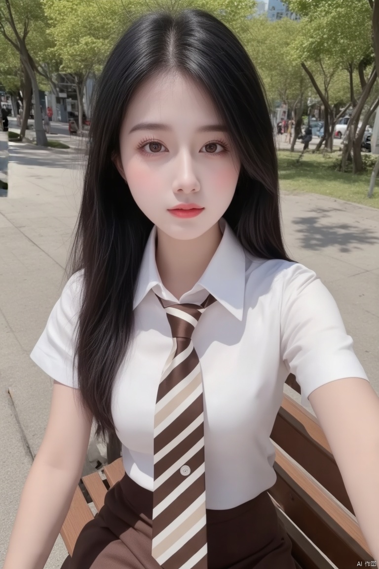 (best quality,4k,8k,highres,masterpiece:1.2),ultra-detailed,(realistic,photorealistic,photo-realistic:1.37),high-angle perspective,sunny day,young Asian woman,long black hair,white button-down shirt,brown and white striped tie,seated on a bench,left arm slightly bent at the elbow,beautiful detailed eyes,beautiful detailed lips,extremely detailed eyes and face,long eyelashes,soft sunlight,shadows,sharp focus,physically-based rendering,extreme detail description,professional,vivid colors,bokeh,photography,portraits,natural light,calm expression,relaxed posture,urban setting,greenery in background,modern cityscape,bench in park,summer atmosphere,gentle breeze,serene environment