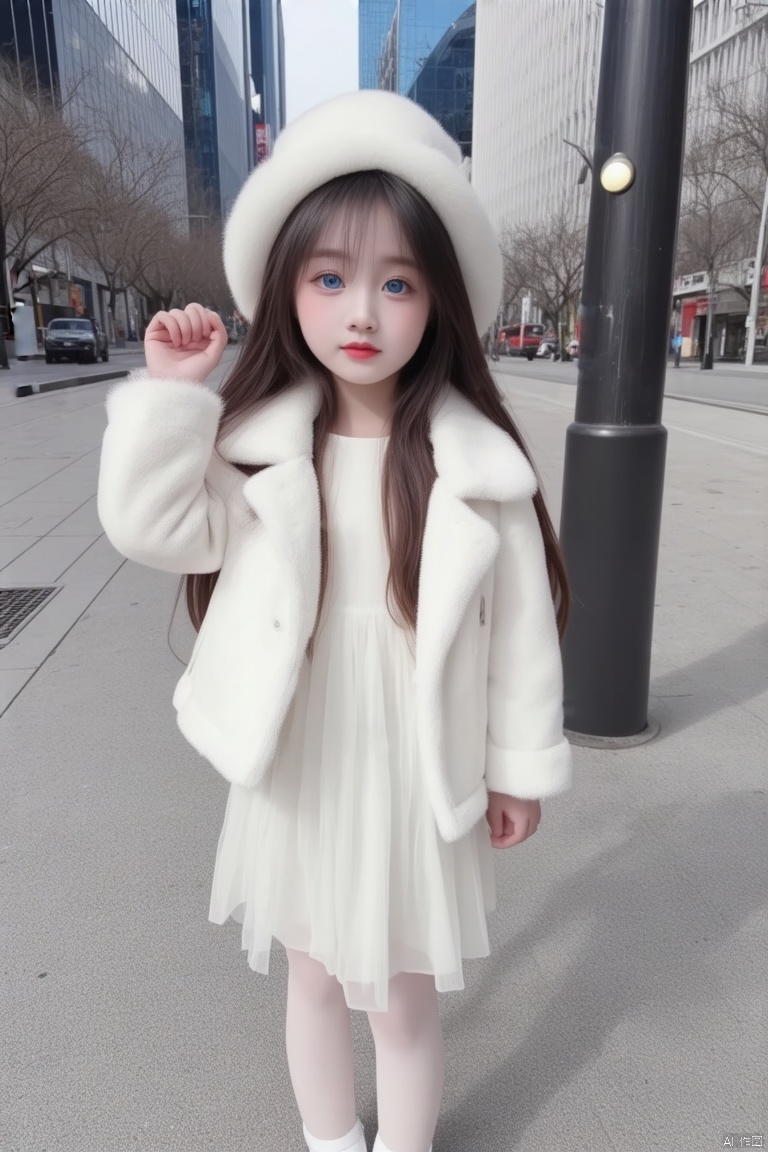 a young Asian girl stands on a gray concrete sidewalk. She is dressed in a white dress, adorned with a white fur coat and a white fluffy hat. Her hair is long and cascades down her shoulders, framing her face. Her eyes are a piercing blue, and her lips are a pinkish-brown. Her hand is raised in the air, adding a pop of color to the scene. The backdrop is a backdrop of a cityscape, with tall buildings and a black pole with lights on it.