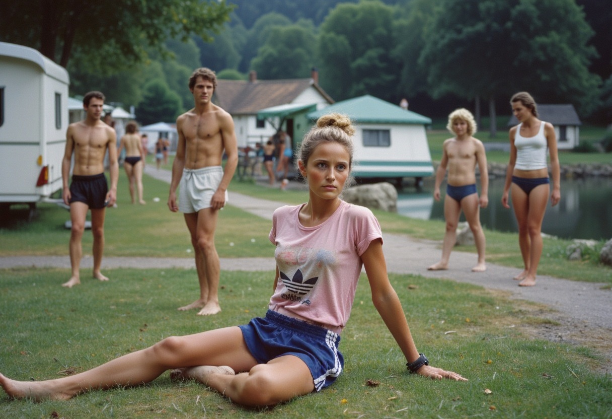 woman wearing loose royal blue adishiny shorts with three white stripes on the side ending in a slit on Tensor.Art
