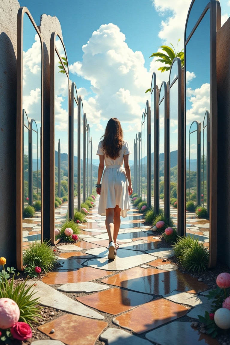 A girl walks through a maze of looking-glasses,  passes by reflections and comes out on a hill on Tensor.Art