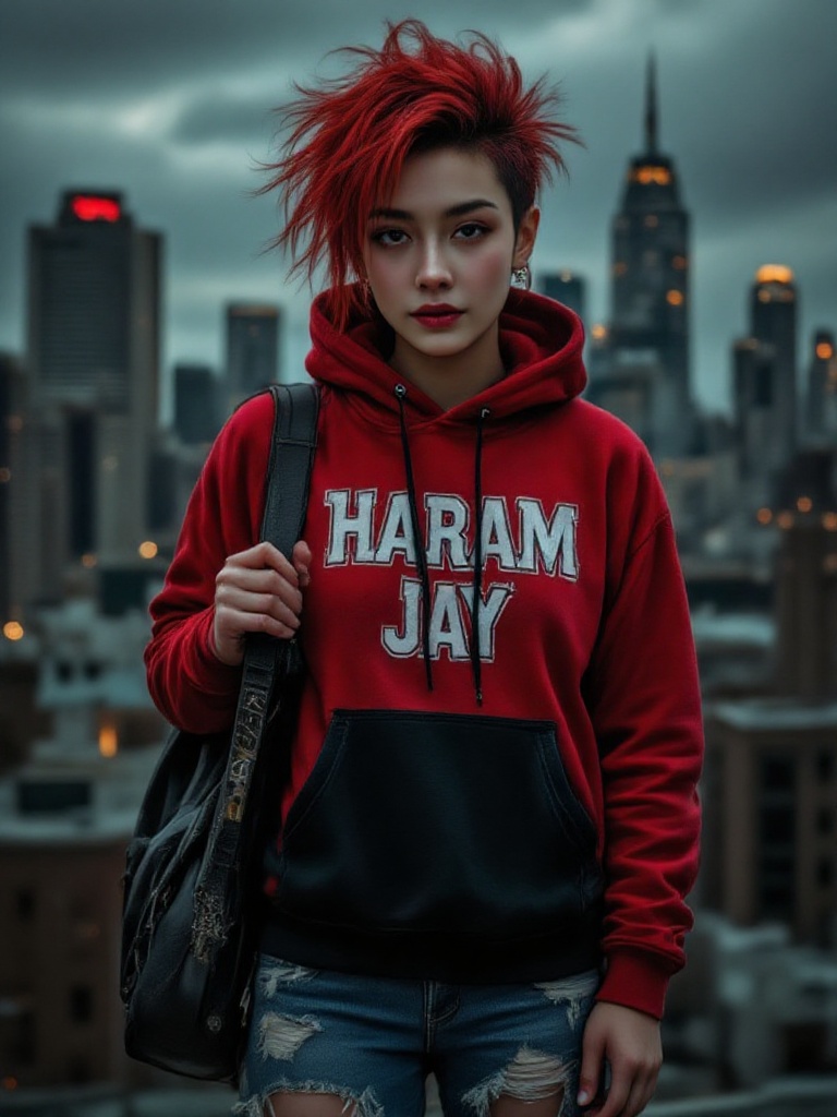 Create a close-up ,  young woman,  red and black hoodie on Tensor.Art