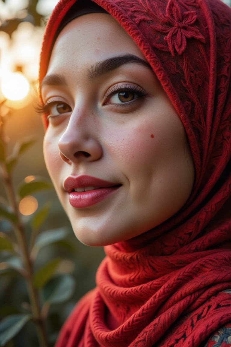 A side view close-up portrait of a young Malay woman,  red knitted long hijab covering her chest,  piercing hazel eyes on...