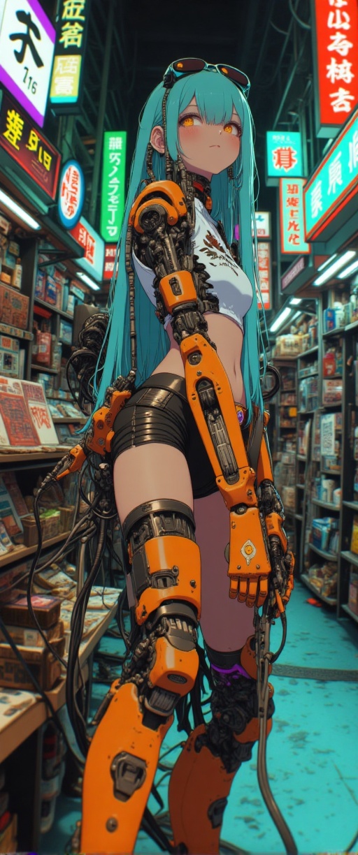 A cinematic photograph of a sultry cyberpunk android(mechanical parts,  mechanical joints) police woman towards the viewer...