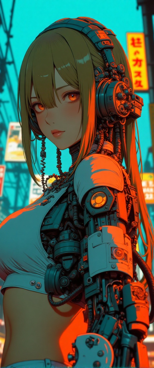 A cinematic photograph of a sultry cyberpunk android(mechanical parts,  mechanical joints) police woman towards the viewer...