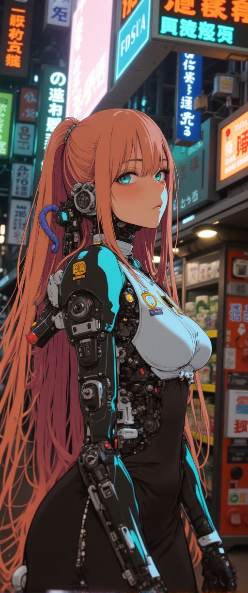 A cinematic photograph of a sultry cyberpunk android(mechanical parts,  mechanical joints) police woman towards the viewer...
