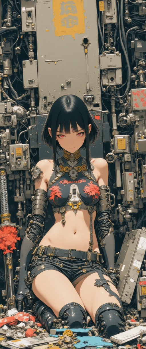A desperate cyborg girl kneels in a sprawling scrapy yard,  surrounded by discarded machinery and mechanical limbs. Her an...