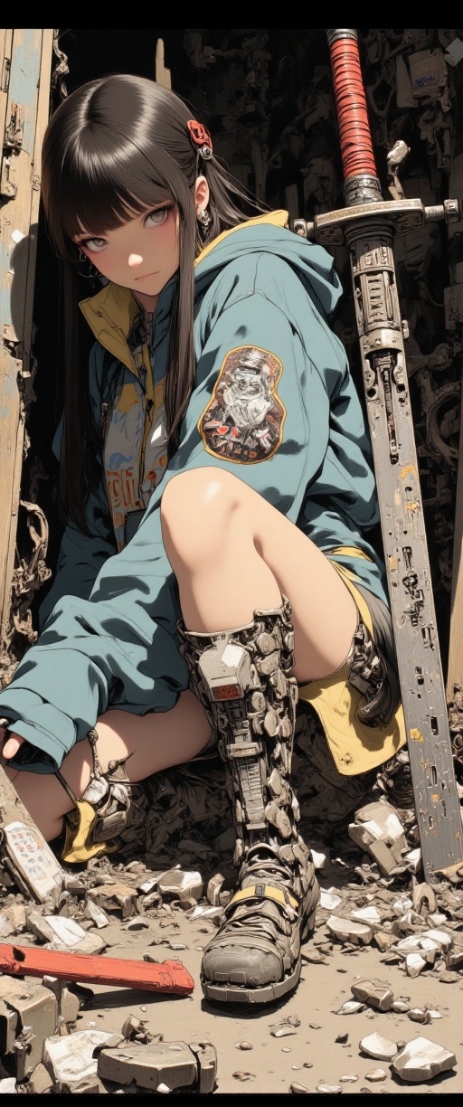 A desperate cyborg girl kneels in a sprawling scrapy yard,  surrounded by discarded machinery and mechanical limbs. Her an...