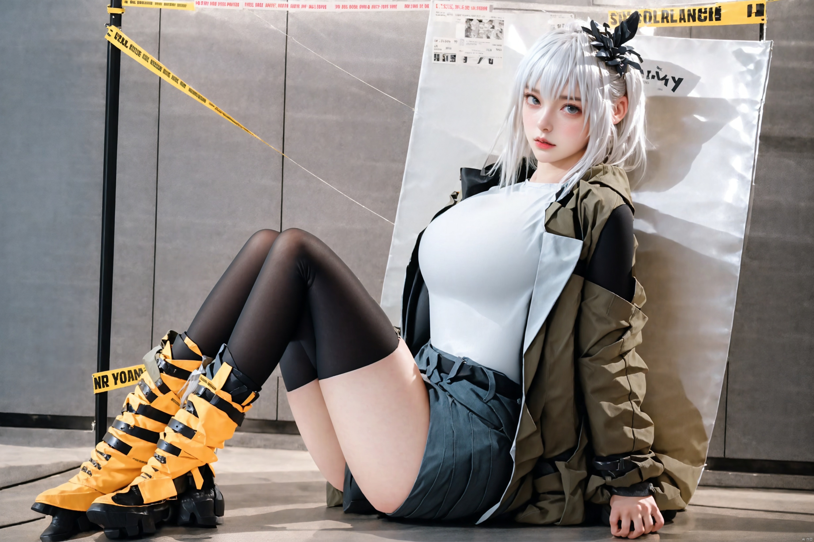 
1girl
solo
long hair
breasts
looking at viewer
hair ornament
thighhighs
sitting
jacket
full body
white hair
boots
shorts
belt
black thighhighs
yellow footwear
caution tape
