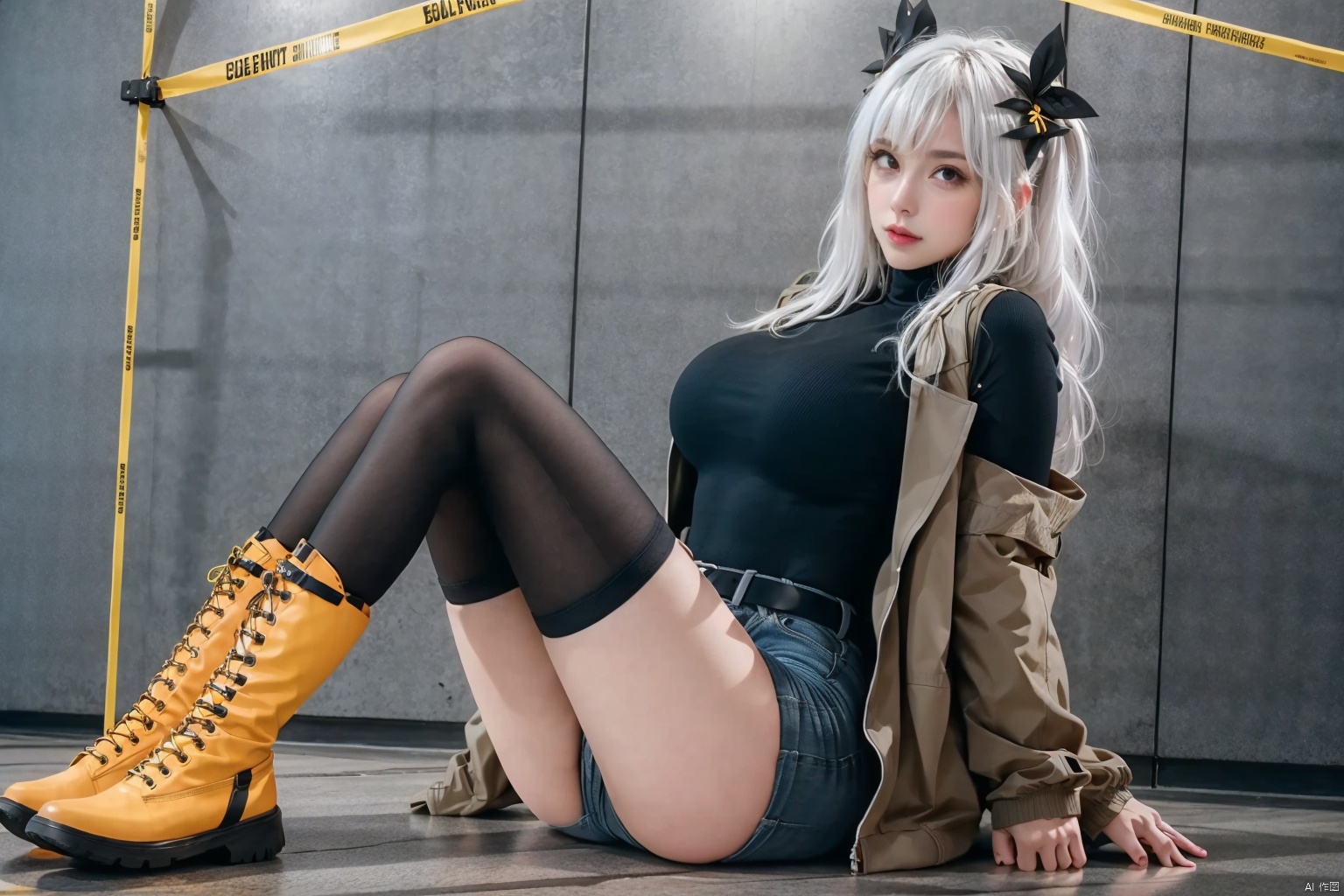 
1girl
solo
long hair
breasts
looking at viewer
hair ornament
thighhighs
sitting
jacket
full body
white hair
boots
shorts
belt
black thighhighs
yellow footwear
caution tape
