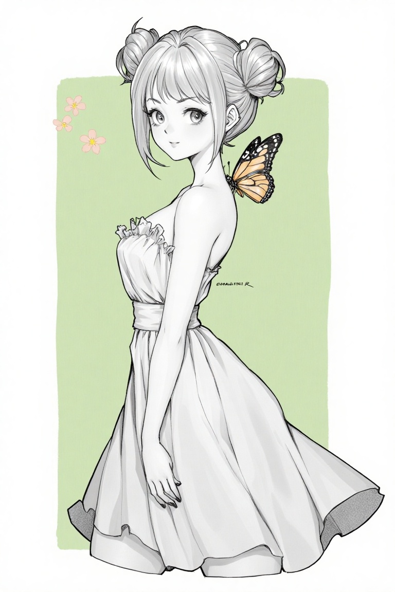 anime_pencil_sketch of a young woman with a soft bun hairstyle and a gentle smile. She wears a flowy summer dress. The bac...
