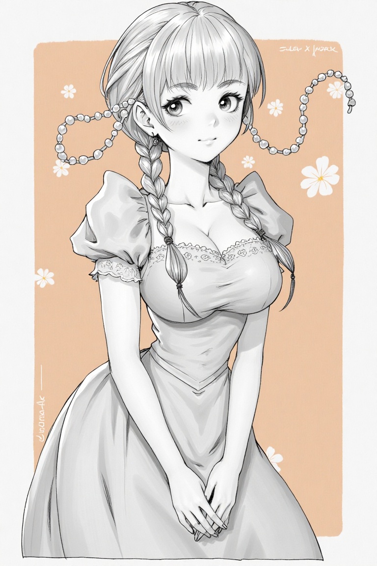 anime_pencil_sketch of a girl with braided hair and freckles. She’s dressed in a vintage-style dress with lace details. Th...