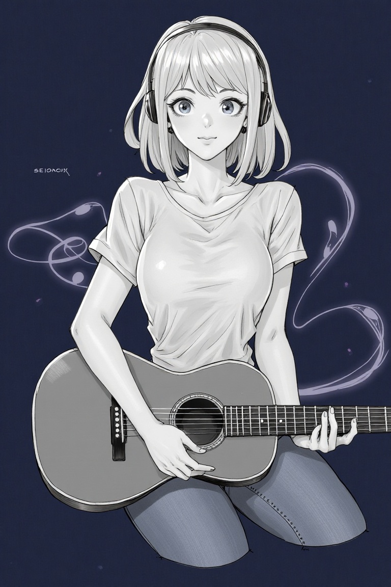 anime_pencil_sketch of a woman with layered hair and headphones. She’s in a casual t-shirt and jeans,  seated with a guita...