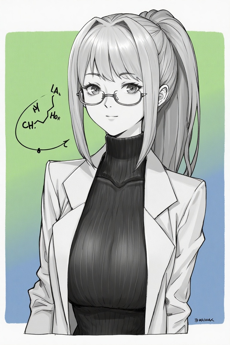 anime_pencil_sketch of a young woman with a high ponytail and glasses. She wears a lab coat over a turtleneck. The backgro...