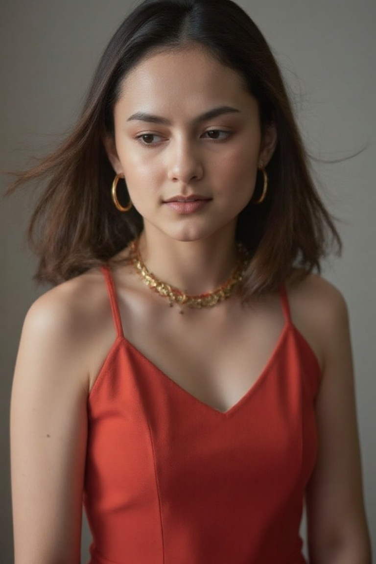 A close-up shot of a single girl,  her long brown hair cascading down her back. She wears a vibrant red dress that hugs he...