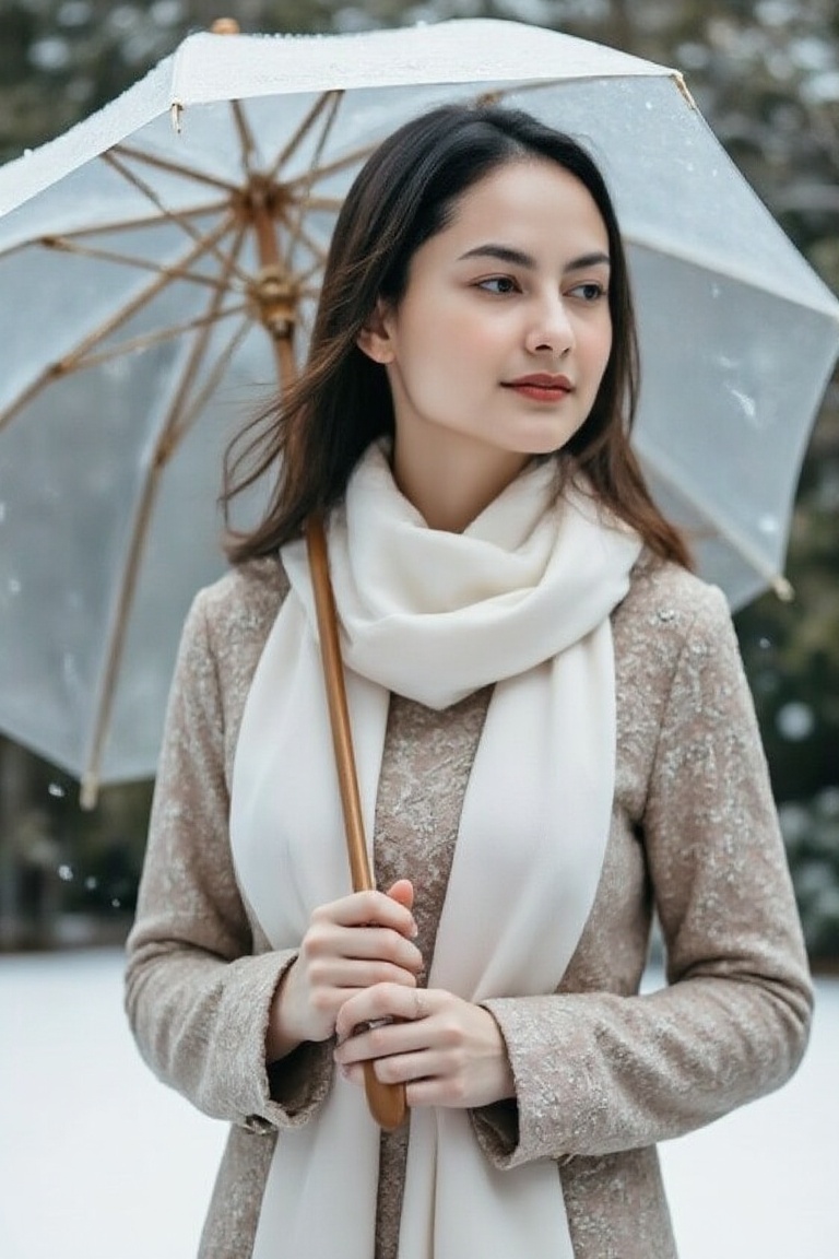 A serene winter scene: a girl with long,  dark hair (a mix of brown and black hues) stands solo outdoors,  her upper body...