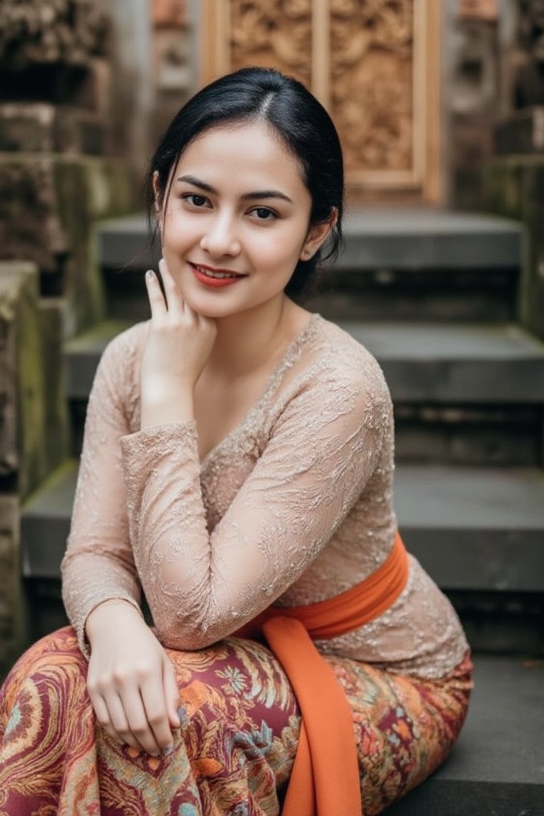 Photograph of a BulanSutena with curly hair in a low bun,  dressed in a light orange kebaya,  sitting on a staircase at a...