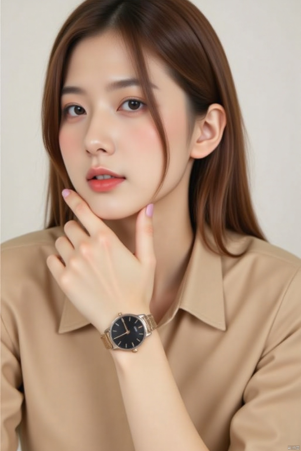 Skin Refinement,Portrait Photography,a young Asian woman with long brown hair,wearing a gold watch with a black face and gold hands. Her left hand is resting on her chin,while her right hand rests on her left hand. She is wearing a tan button-down collared button-up shirt
