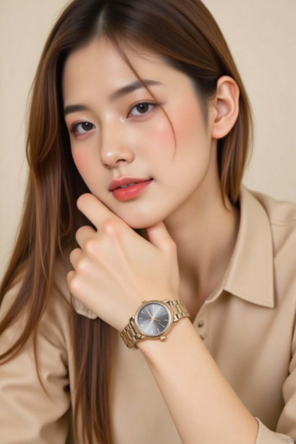 Skin Refinement,Portrait Photography,a young Asian woman with long brown hair,wearing a gold watch with a black face and gold hands. Her left hand is resting on her chin,while her right hand rests on her left hand. She is wearing a tan button-down collared button-up shirt