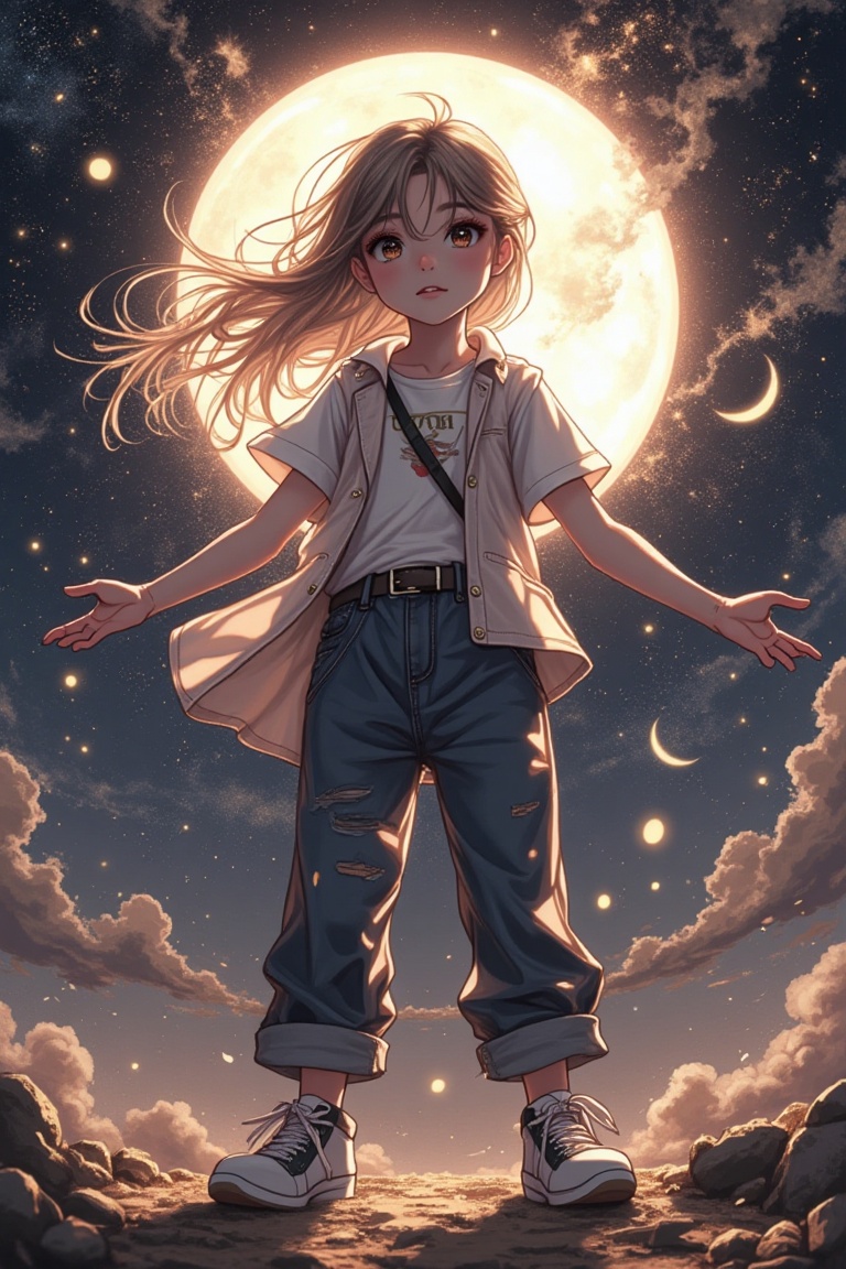 An exquisite manga-style illustration capturing defiance in casual wear against an eclipse background,  framed in a dynami...