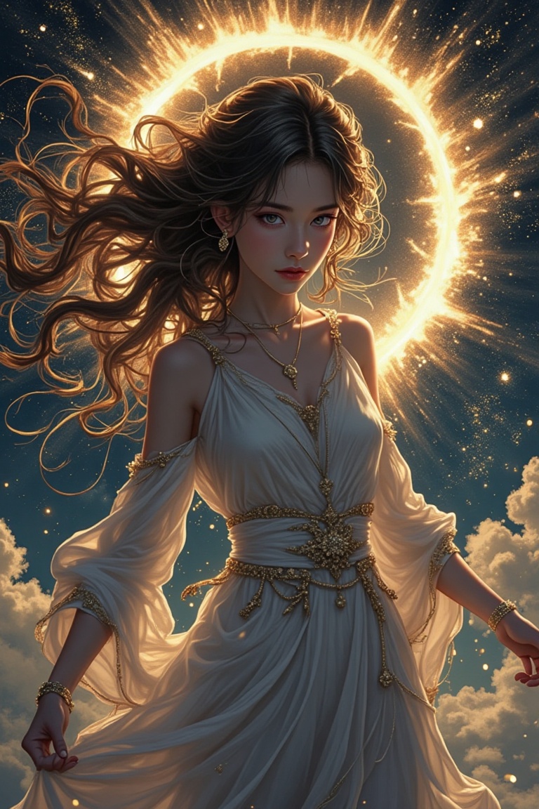 An exquisite manga-style illustration capturing defiance during an eclipse,  framed in a dramatic full-body shot with inte...