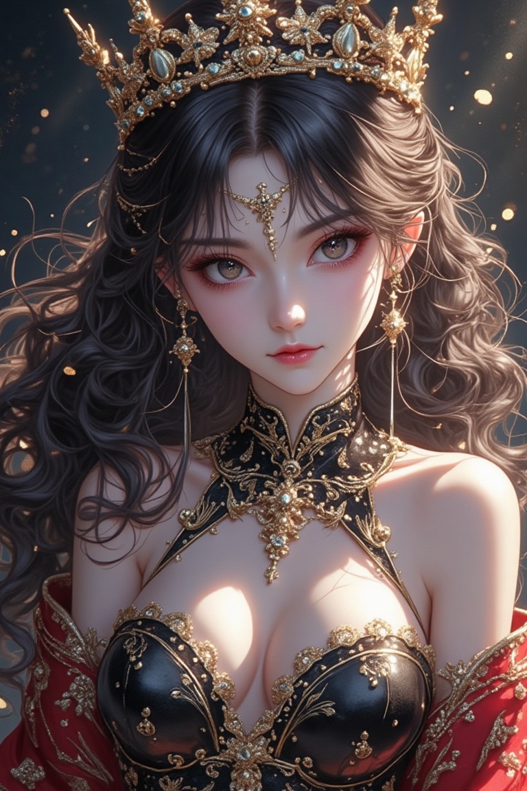 An exquisite manga-style illustration featuring a defiant haifu girl in crown attire,  framed in a dynamic mid-shot with g...