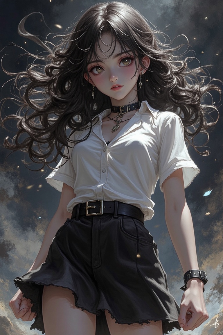 An exquisite manga-style illustration capturing defiance in a girl,  framed in a dynamic mid-shot with dramatic lighting....