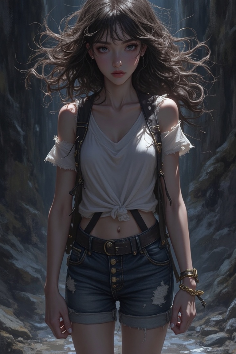 An exquisite manga-style illustration capturing defiance in a girl,  framed in a dynamic mid-shot with dramatic lighting....