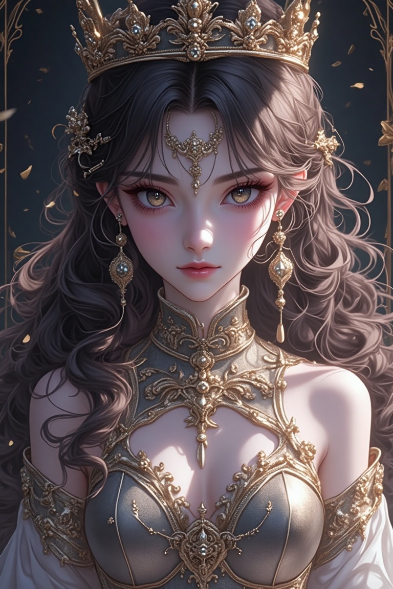 An exquisite manga-style illustration featuring a defiant haifu girl in crown attire,  framed in a dynamic mid-shot with g...