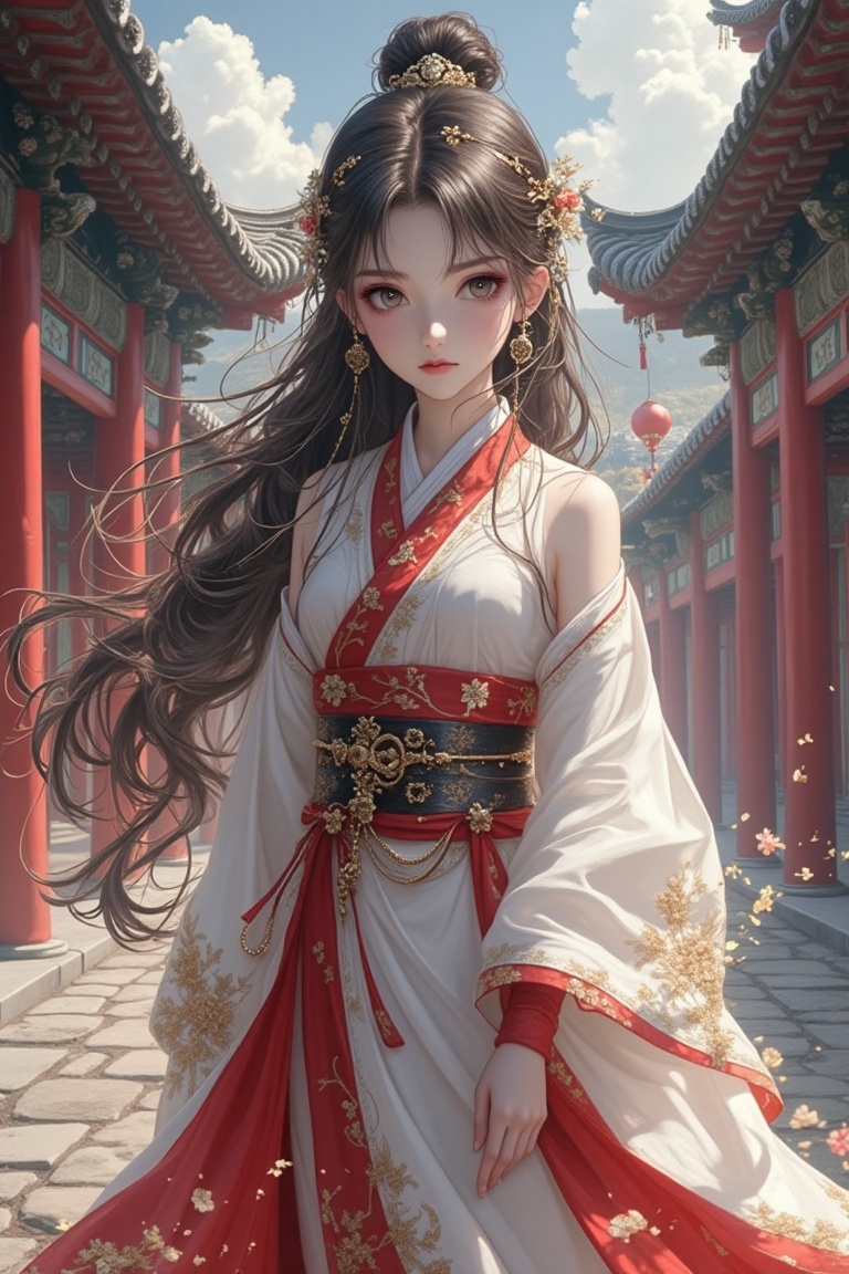 An exquisite manga-style illustration depicting defiance in a Chinese ancient setting,  framed in a wide shot with dramati...