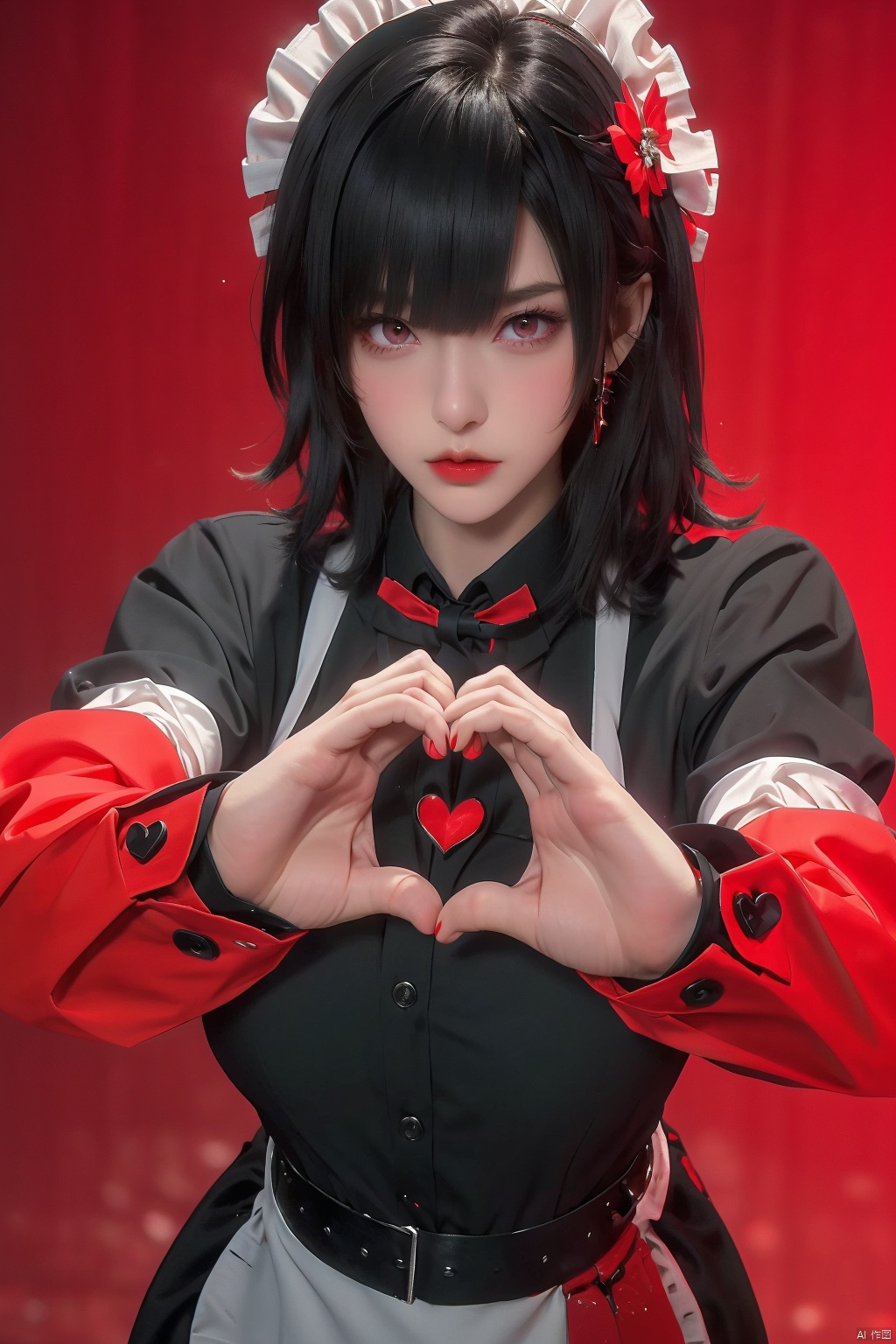 1girl
solo
breasts
looking at viewer
short hair
bangs
black hair
red eyes
long sleeves
dress
heart
frills
apron
black dress
lips
maid
maid headdress
red nails
red background
maid apron
heart hands

