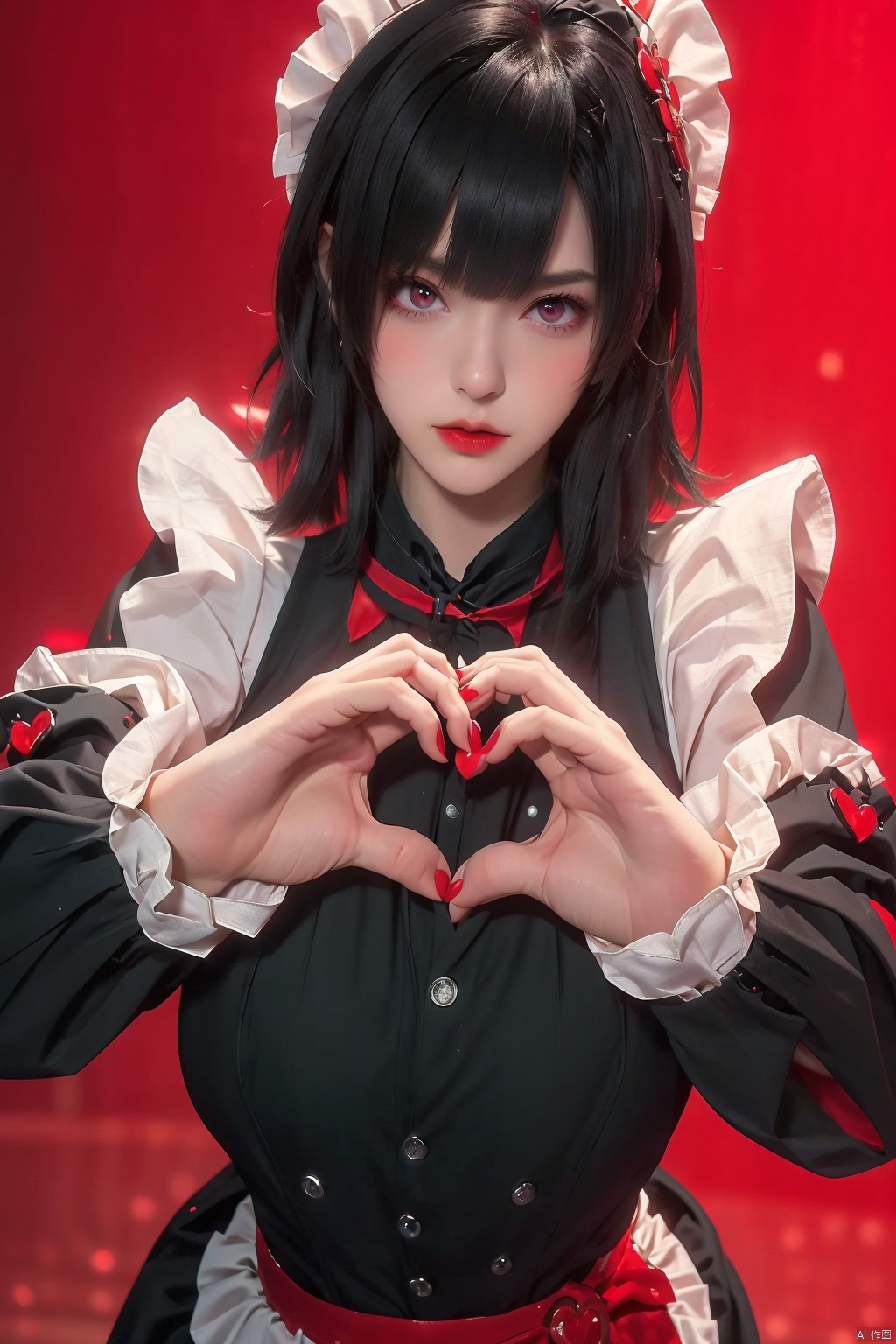 1girl
solo
breasts
looking at viewer
short hair
bangs
black hair
red eyes
long sleeves
dress
heart
frills
apron
black dress
lips
maid
maid headdress
red nails
red background
maid apron
heart hands

