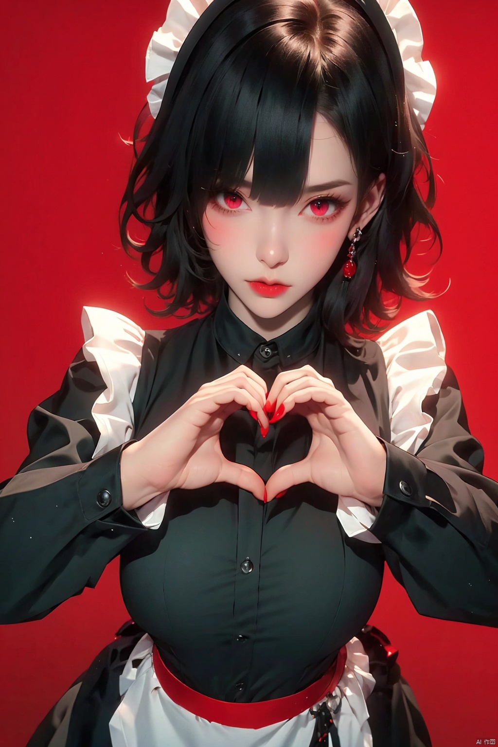 1girl
solo
breasts
looking at viewer
short hair
bangs
black hair
red eyes
long sleeves
dress
heart
frills
apron
black dress
lips
maid
maid headdress
red nails
red background
maid apron
heart hands

