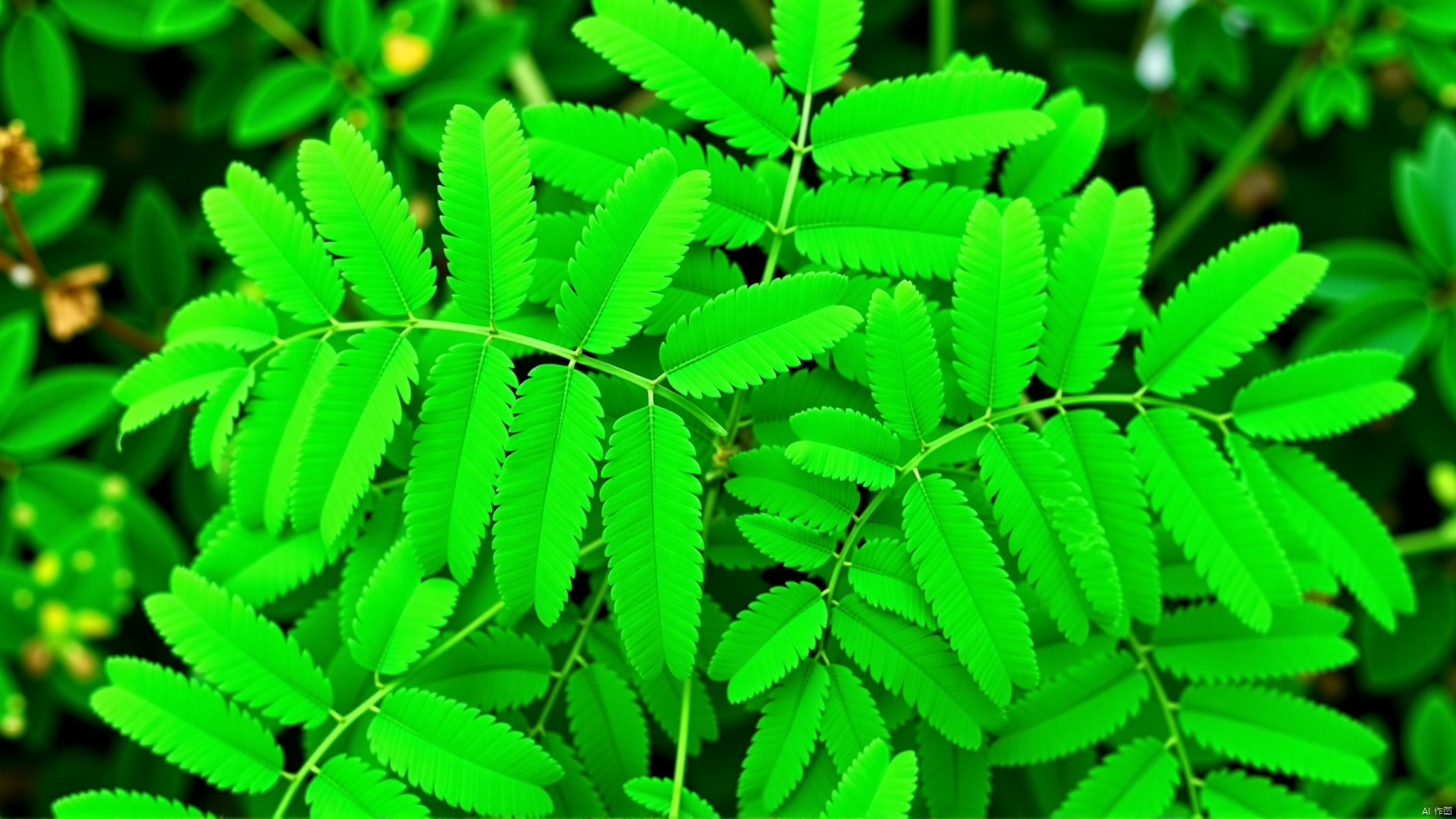 The image is a close-up of a group of green fern leaves. The leaves are arranged in a cluster and are of varying sizes and shapes, with some overlapping each other. They are a bright, vibrant green color and appear to be fresh and healthy. The background is blurred, but it appears to be a garden or a natural setting with other plants and foliage visible. The overall mood of the image is peaceful and serene.