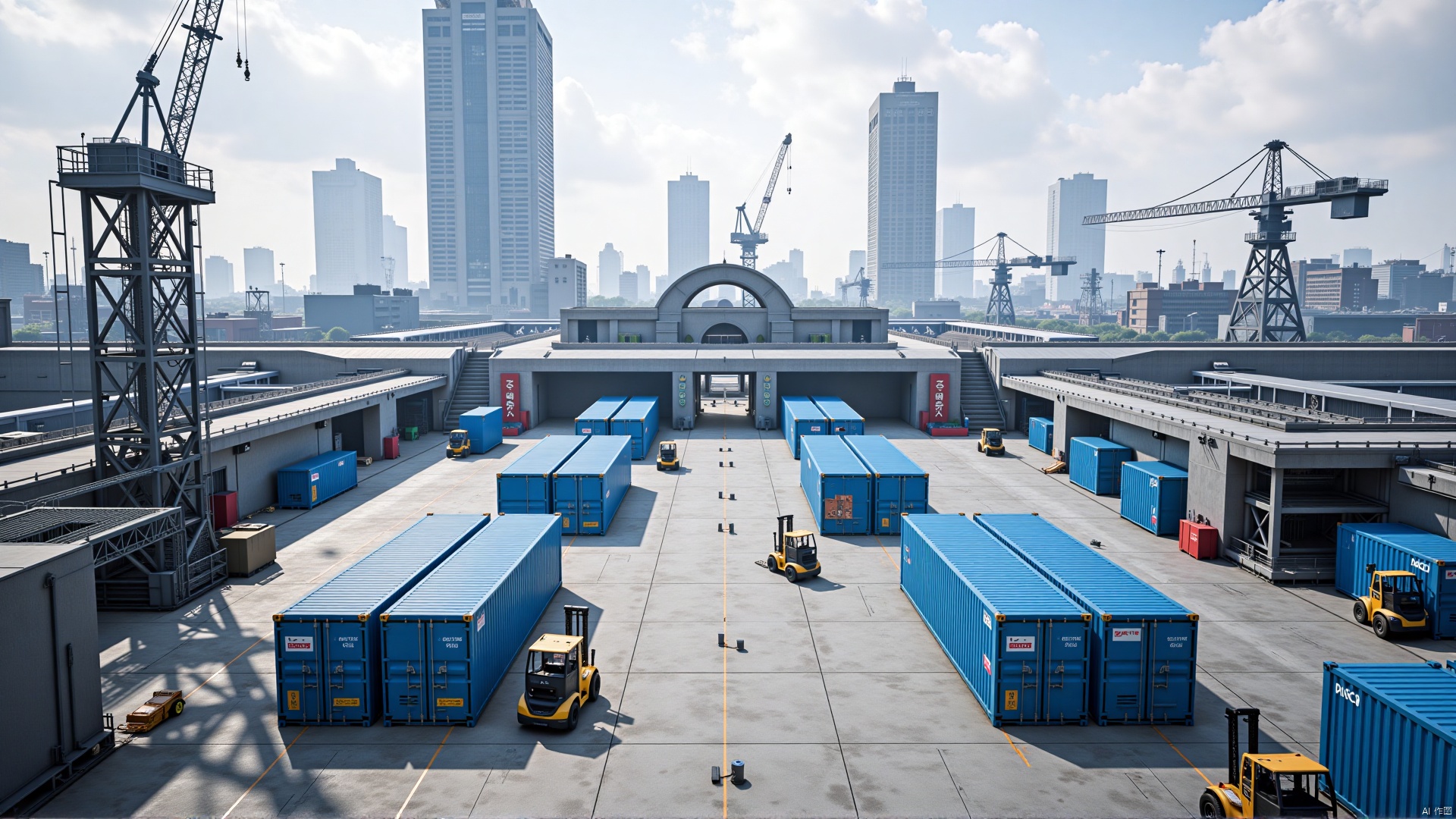 The image shows a futuristic industrial area with tall buildings and cranes in the background. The floor is made of concrete and there are several large blue shipping containers scattered throughout the space. On the left side of the image, there is a large metal structure with a crane on top, and on the right side, there are two forklifts parked in front of it. The sky is cloudy and the overall atmosphere of the space is industrial and industrial. The image appears to be taken from a high vantage point, looking down on the industrial area.