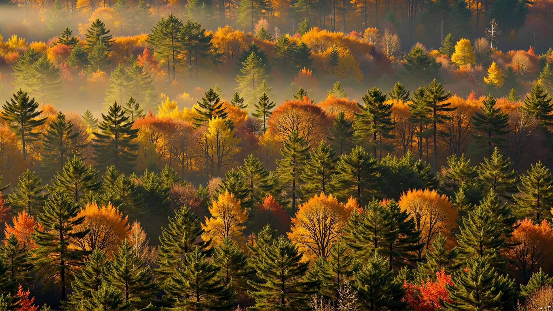 The image is a landscape photograph of a forested area. The trees are densely packed together, creating a dense canopy. The colors of the trees are vibrant, with shades of green, orange, and yellow, indicating that it is autumn. The sunlight is shining through the trees, creating dappled shadows on the ground. The overall mood of the image is peaceful and serene.