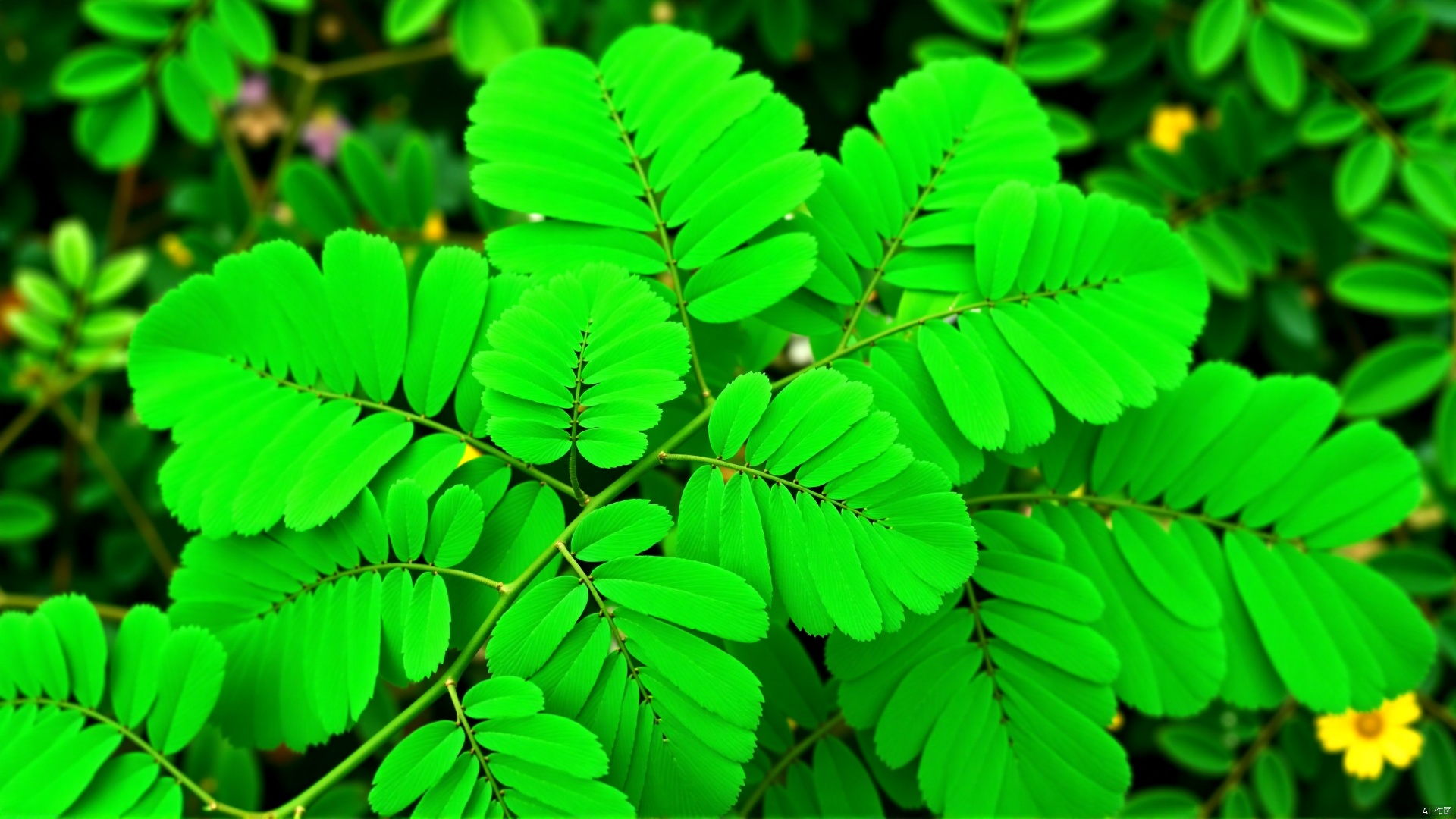The image is a close-up of a group of green fern leaves. The leaves are arranged in a cluster and are of varying sizes and shapes, with some overlapping each other. They are a bright, vibrant green color and appear to be fresh and healthy. The background is blurred, but it appears to be a garden or a natural setting with other plants and foliage visible. The overall mood of the image is peaceful and serene.
