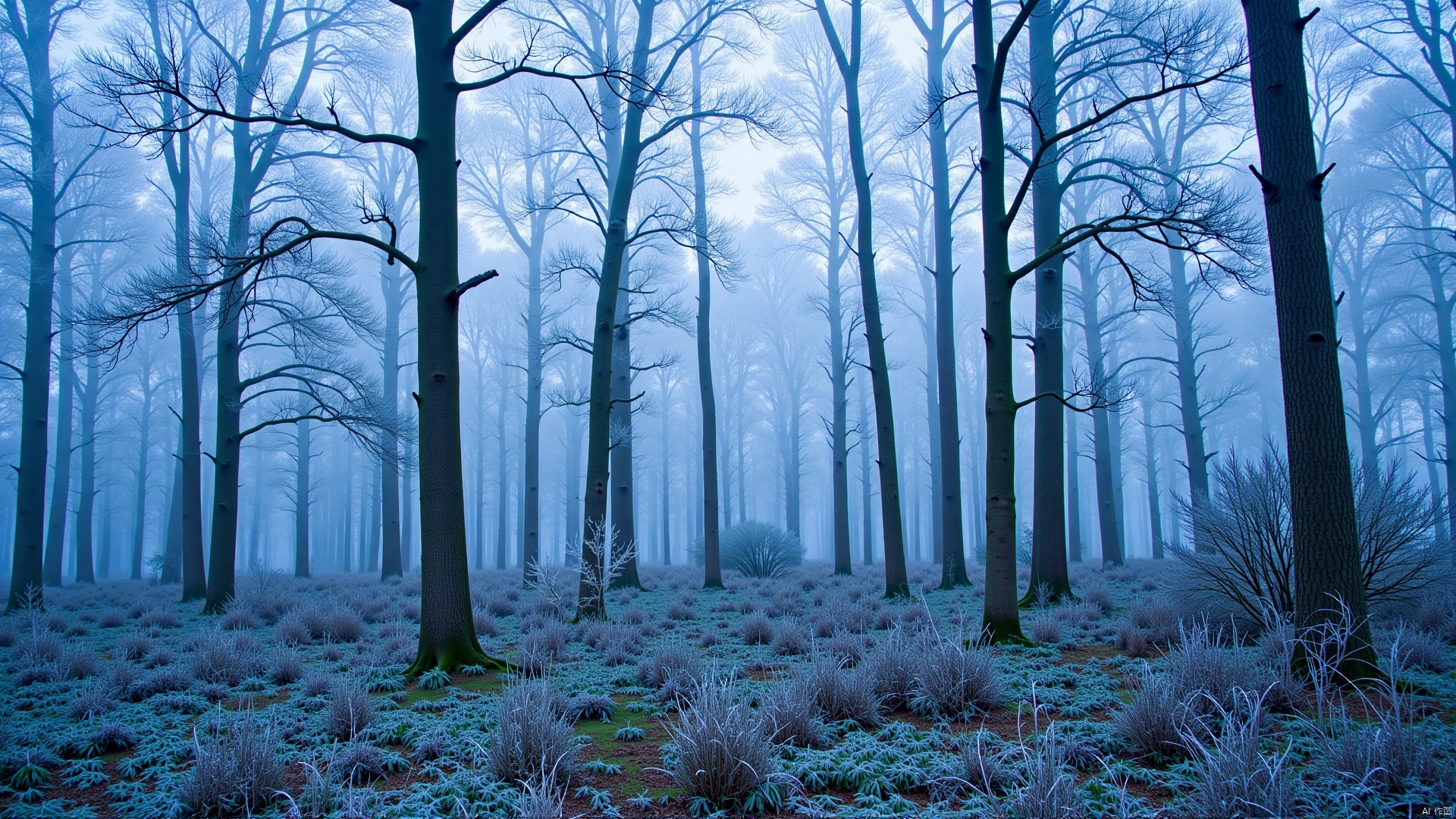 The image is a photograph of a foggy forest. The trees are tall and thin, with bare branches reaching up towards the sky. The ground is covered in a thick layer of frost, with patches of grass and shrubs scattered throughout. The sky is a pale blue, and the overall mood of the image is peaceful and serene. The image is taken from a low angle, looking up at the trees and the ground, creating a sense of depth and perspective. The fog creates a mysterious and ethereal atmosphere.