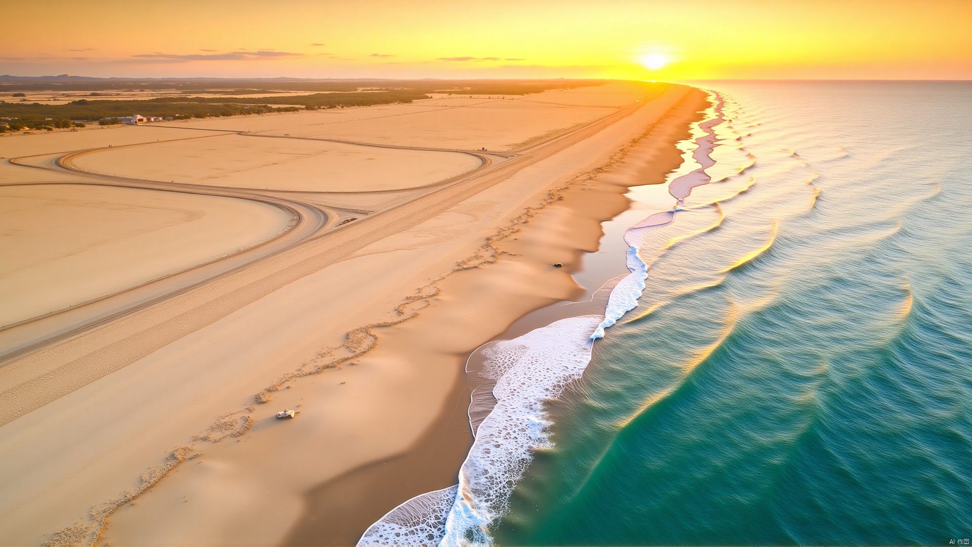 The image is an aerial view of a beach at sunset. The sky is a beautiful orange and yellow color, with the sun setting in the top right corner. The water is a deep blue-green color, and the waves are crashing onto the shore. The sand is a light beige color, creating a contrast with the warm colors of the sky. The waves are white and foamy, and they are breaking on the right side of the image. The image is taken from a high angle, looking down on the beach and the ocean. The overall mood of the photo is peaceful and serene.