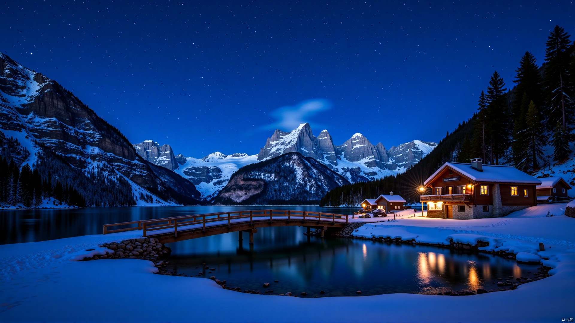 The image is a beautiful landscape of a snowy mountain village at night. The sky is filled with stars and the mountains are covered in snow. The village is located on the shore of a lake, with a wooden bridge crossing over it. On the right side of the image, there is a wooden cabin with a sloping roof and a chimney. The cabin is lit up with warm lights, creating a cozy and peaceful atmosphere. The lake is calm and reflects the lights from the cabin and the surrounding mountains. The mountains in the background are tall and majestic, with snow-capped peaks. The overall mood of the scene is peaceful and serene.