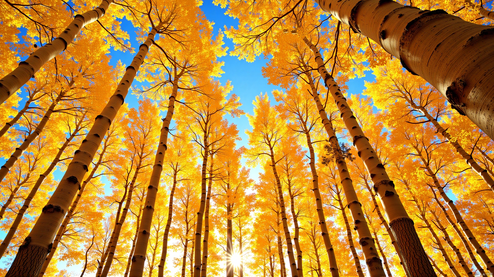 The image is a photograph of a group of tall trees with yellow leaves. The trees are arranged in a way that they are reaching up towards the sky, creating a canopy-like effect. The leaves are a bright yellow color, indicating that it is autumn. The sun is shining through the trees, casting a warm glow on the leaves and creating a contrast between the bright yellow leaves and the blue sky. The image is taken from a low angle, looking up at the trees from below. The overall mood of the image is peaceful and serene.