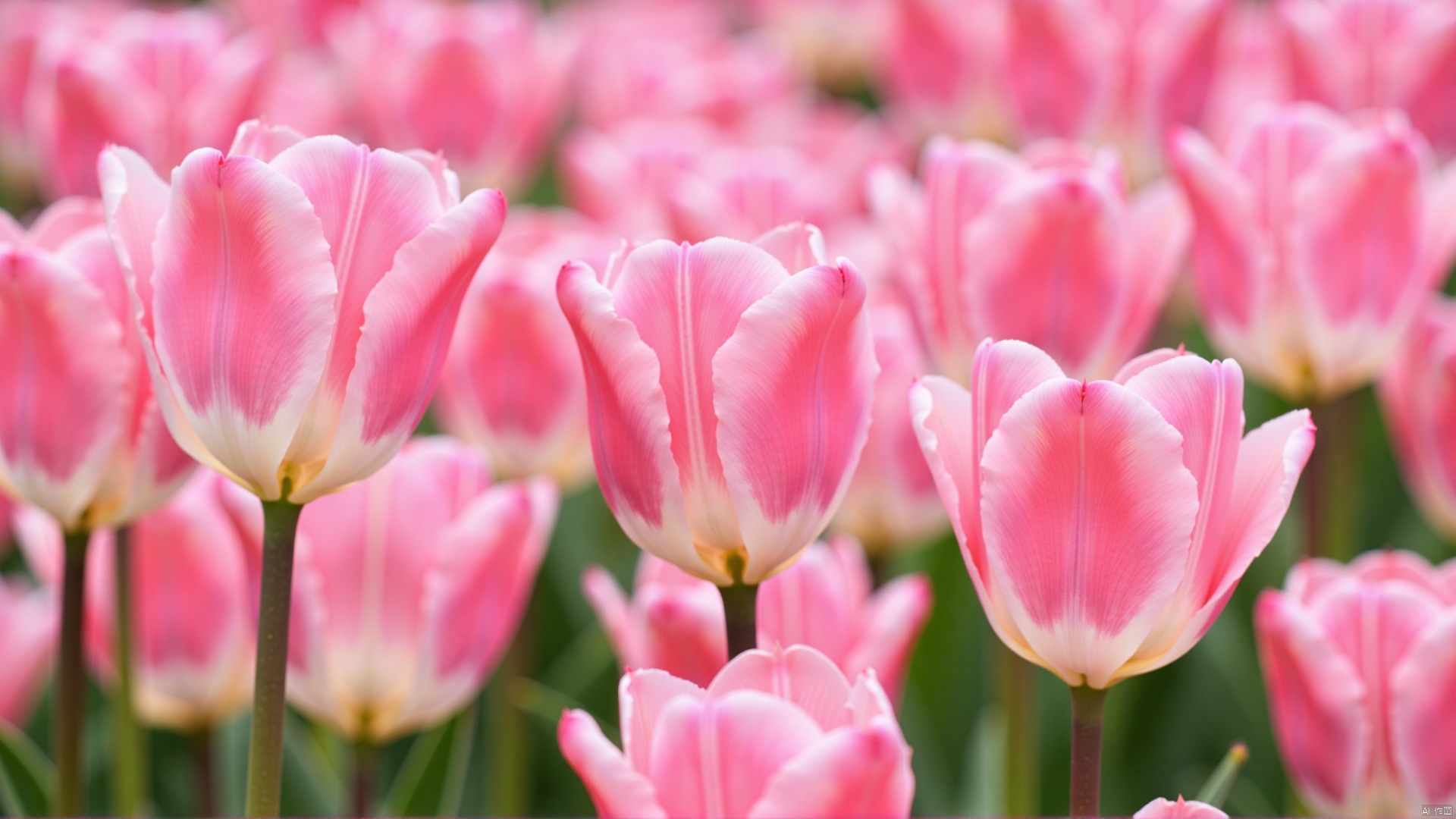 The image is a close-up of a field of pink tulips. The tulips are in full bloom, with their petals open wide and their stems and leaves visible. The petals are a soft pink color with hints of white, creating a beautiful contrast. The background is blurred, making the tulips the focal point of the image. The overall effect is one of freshness and beauty.
