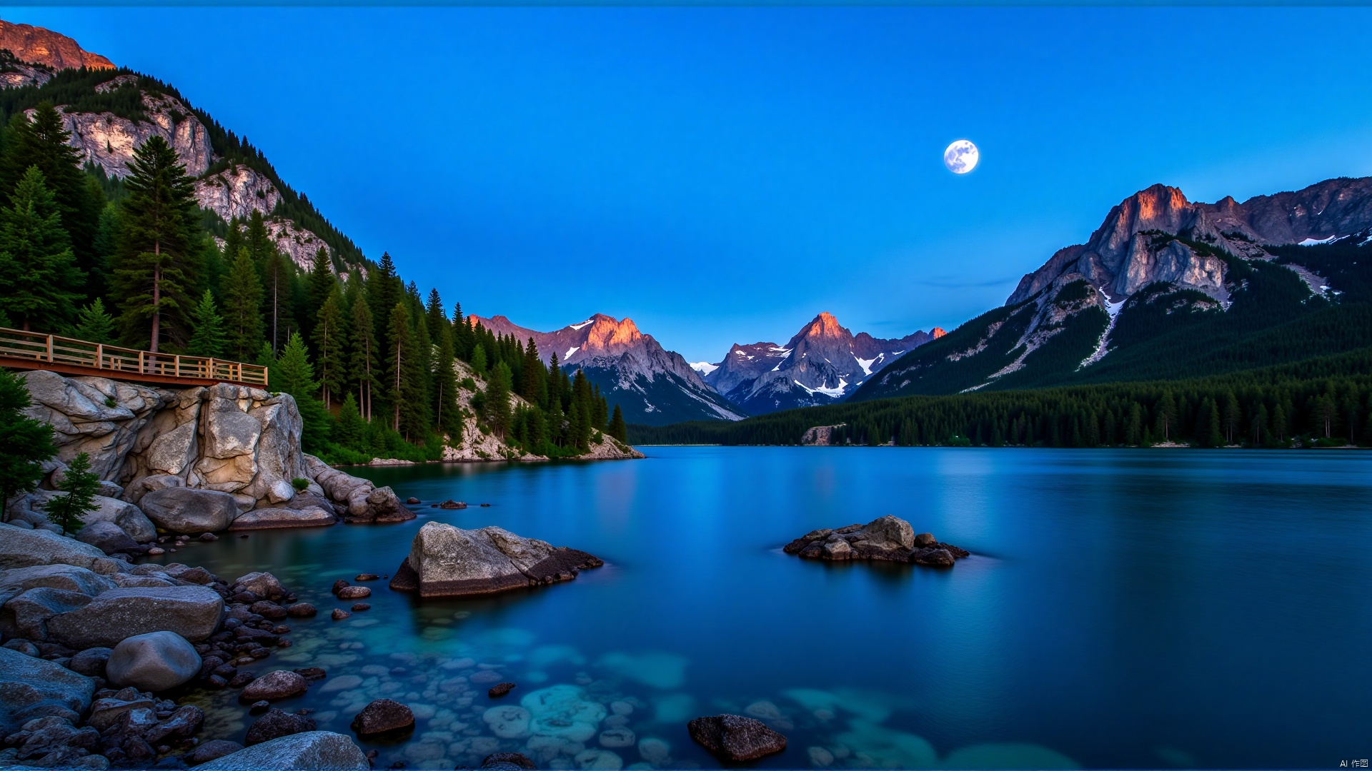 The image is a beautiful landscape of a mountain range with a lake in the foreground. The sky is a deep blue color with a full moon in the top right corner. The mountains are covered in green trees and there is a cliff on the left side of the image with a wooden fence on top. The lake is surrounded by rocks and there are a few small islands in the water. The overall scene is peaceful and serene, with a sense of serenity and tranquility.