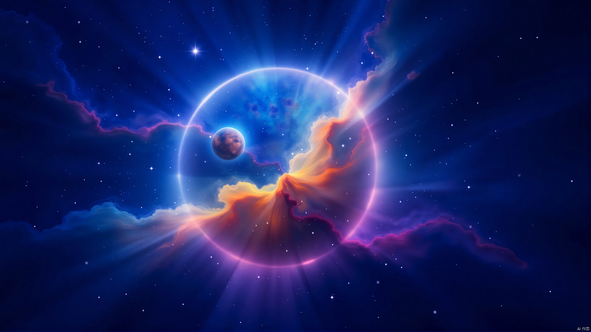 The image is an abstract digital art piece that appears to be a representation of a celestial body in outer space. The background is a deep blue color with stars and nebulas scattered throughout. In the center of the image, there is a large, spherical object that looks like a planet or a nebula. The object is made up of different shades of blue, orange, and yellow, with hints of pink and purple. It is surrounded by a halo of light, giving it an ethereal and dreamlike appearance.

The object is in the shape of a sphere, with a smooth and shiny surface. The edges of the sphere are outlined in a darker blue, creating a contrast with the bright colors of the surrounding nebula and stars. The overall effect is one of vastness and awe-inspiring beauty.